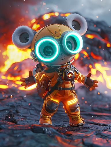cute chibi character design in the style of Unreal Engine 5, of an Indonesian volcano kelimutu adventurer, in an orange and yellow futuristic fire suit with glowing goggles, large round ears, full body shot, standing in front of a lava background, showing a welcoming friendly gesture. with high resolution, high detail, and high quality. White and turquoise outlining backlighting, Disneypunk --ar 3:4 --v 6.0 --style raw
