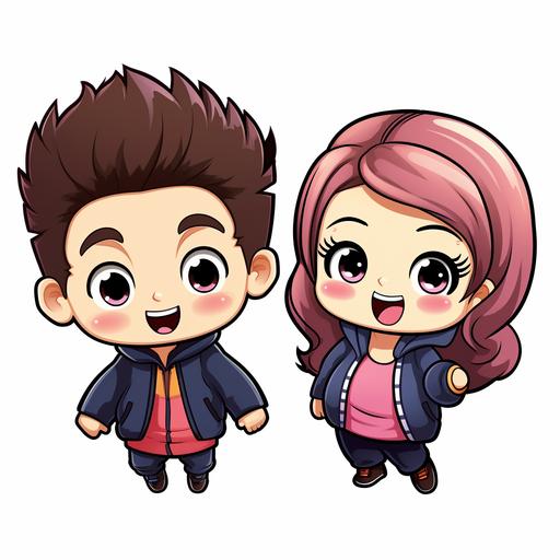 cute chibi couple in action stickers, cartoon style --v 5.2