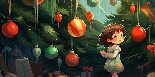 cute children's book drowing, Christmas tree branches decorated with toys and large colorful balls --ar 16:8