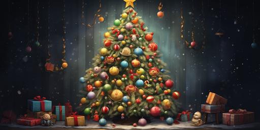 cute children's book drowing, Christmas tree decorated with toys and large colorful balls --ar 16:8