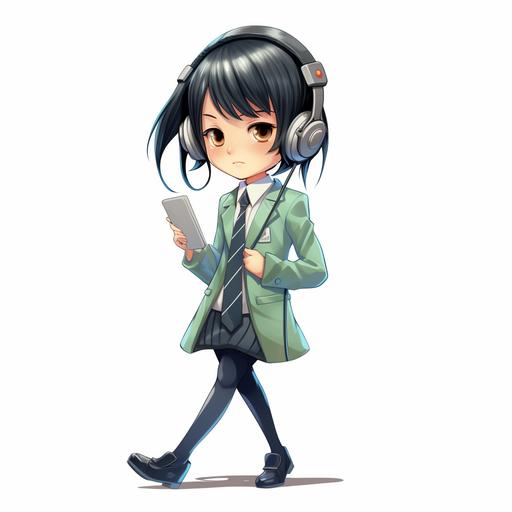cute chinese girl with short black hair, wears formal uniform with blue and green tie, headphones hung on her neck, drawing on ipad, full body, clear background, doodle in the style of Hiromu Arakawa, bold lines and solid colors