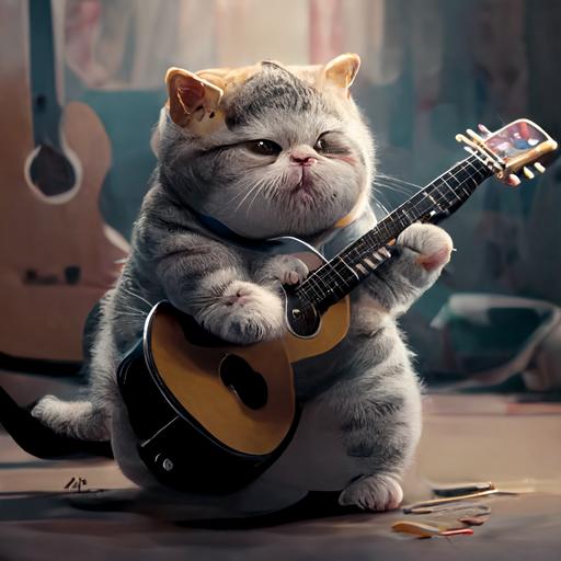 cute chubby american shorthair cat playing guitar