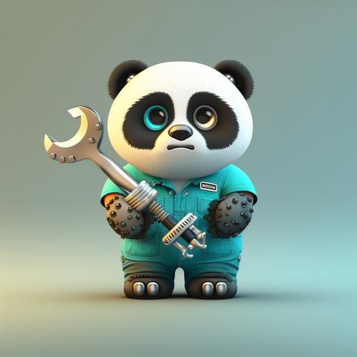 cute chunky panda mechanic wearing coveralls and holding wrenches, 4k, 8k, cartoon, cute big eyes, vibrant colors