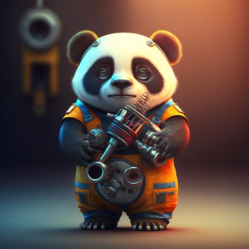 cute chunky panda mechanic wearing coveralls and holding wrenches, 4k, 8k, cartoon, cute big eyes, vibrant colors