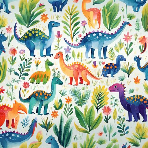 cute, colorful dinosaurs, repeating wallpaper pattern, zoom out 2x. watercolor