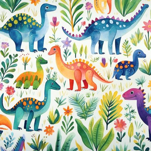 cute, colorful dinosaurs, repeating wallpaper pattern, zoom out 2x. watercolor