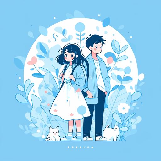cute couple in cartoon art in the style use of traditional japanses artistic teniques, light cyan and blue, temmie chang, blank and white ink, warm color palette ,everday life , thai art --niji 5