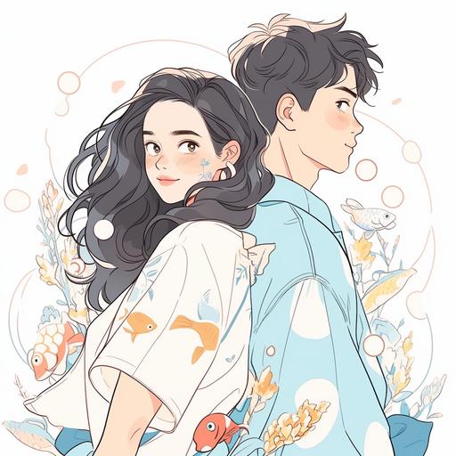 cute couple in cartoon art in the style use of traditional japanses artistic teniques, light cyan and blue, temmie chang, blank and white ink, warm color palette ,everday life , thai art --niji 5