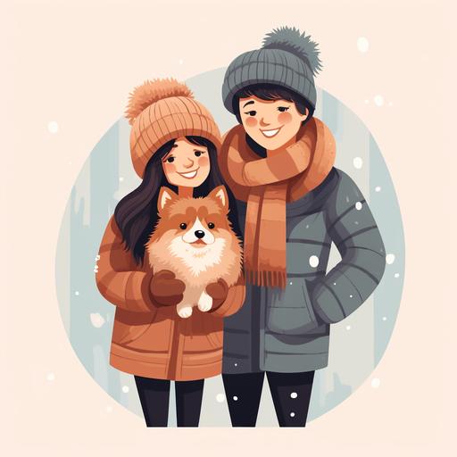cute couple in winter clothes holding very small pomeranian dog, flat art poster style, vector art, cartoon