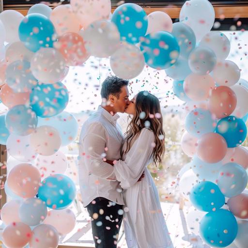 cute couple kissing, wearing white, blue and pink and white ballon arch, confetti, bright