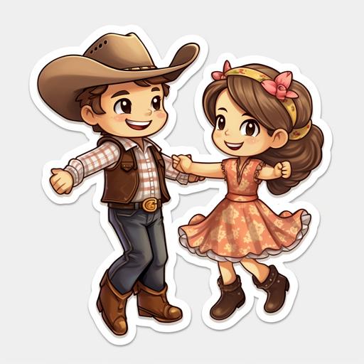cute cowboy and cute cowgirl dancing cartoon sticker