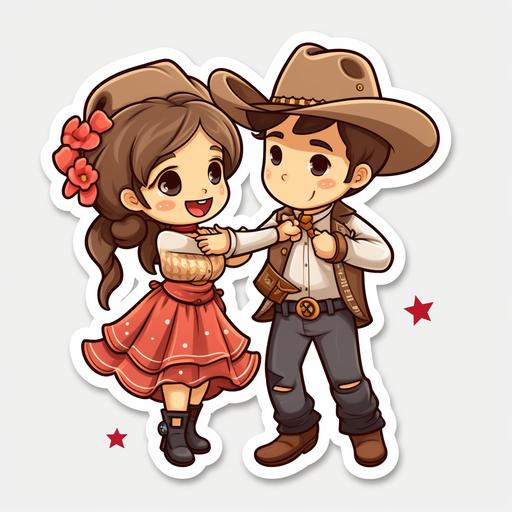 cute cowboy and cute cowgirl dancing cartoon sticker