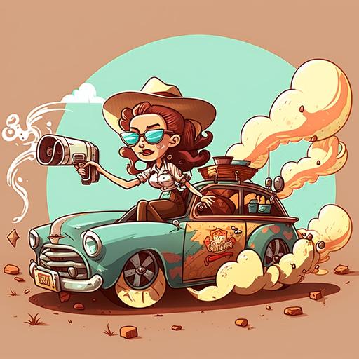 cute cowgirl cartoon drifting a car with a cigar and a styrofoam cup