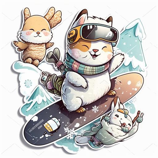 cute digital stickers of cute animals snowboarding with a snowman