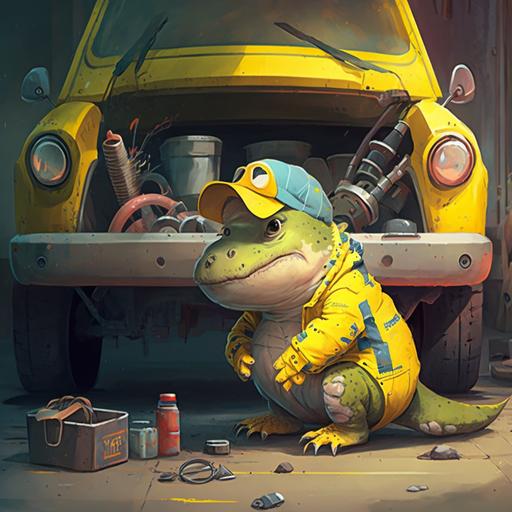 cute dinosaur dressed as an auto mechanic lying under a yellow car checking