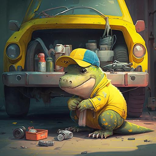 cute dinosaur dressed as an auto mechanic lying under a yellow car checking