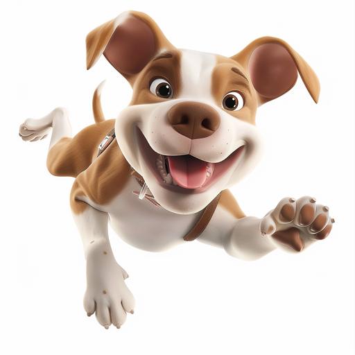 cute dog, american staff, white and brown, flying, cartoon style, pixar quality, highly detailed, full body, white bg, Pixar, 3D