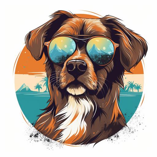 cute dog wearing large sunglasses, looking to camera, in a circle, tshirt design, retro , vector artwork, white background