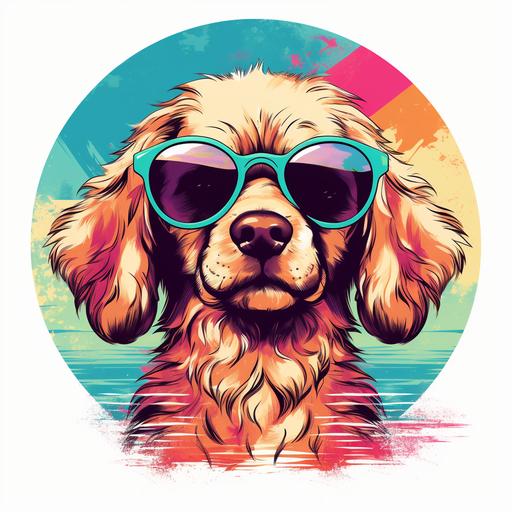 cute dog wearing large sunglasses, looking to camera, in a circle, tshirt design, retro , vector artwork, white background