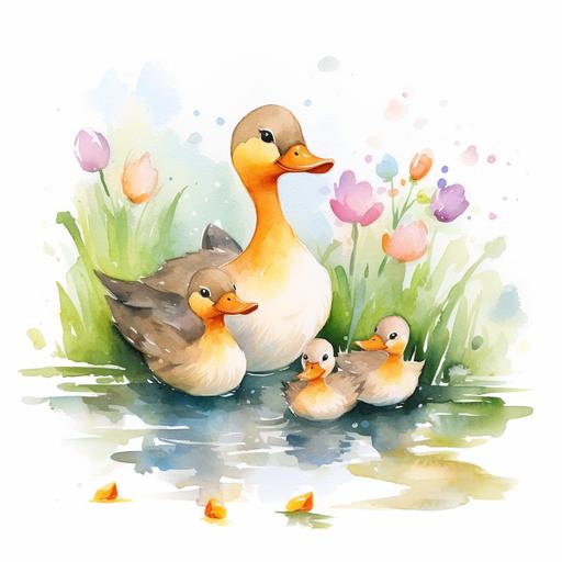 cute ducks happy family at garden, rose, cute cartoon watercolor, simple, minimalist