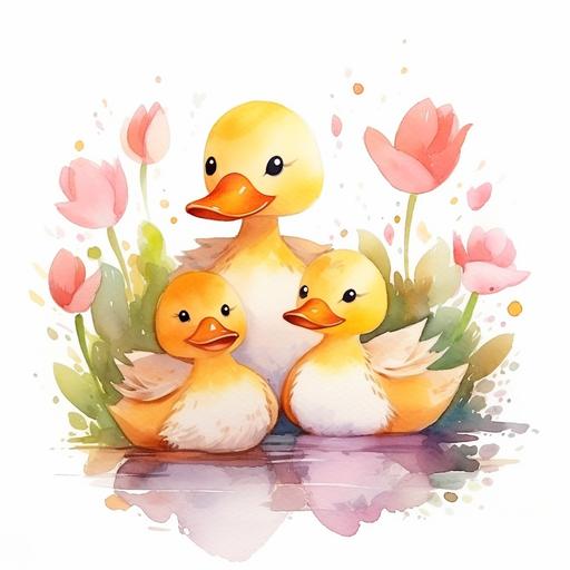 cute ducks happy family at garden, rose, cute cartoon watercolor, simple, minimalist