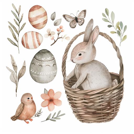 cute easter elements including a rabbit, easter egg, easter basket separated on a white background in an illustrative style