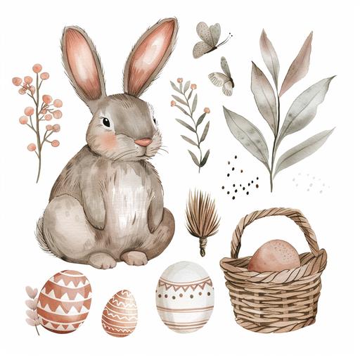 cute easter elements including a rabbit, easter egg, easter basket separated on a white background in an illustrative style