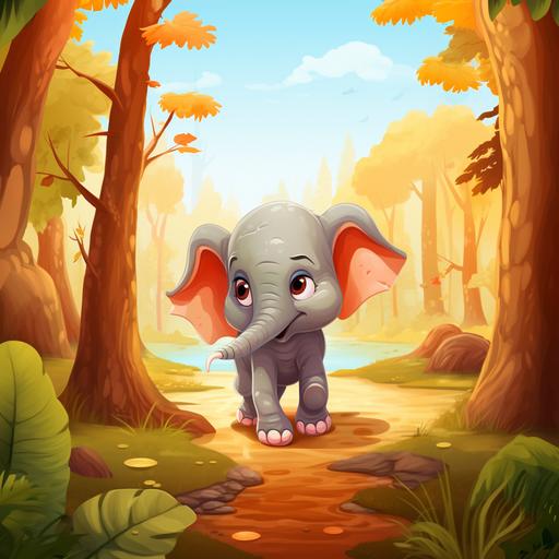 cute elephant walking in forest, cartoon,