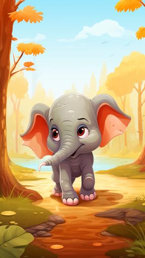 cute elephant walking in forest, cartoon, --ar 9:16