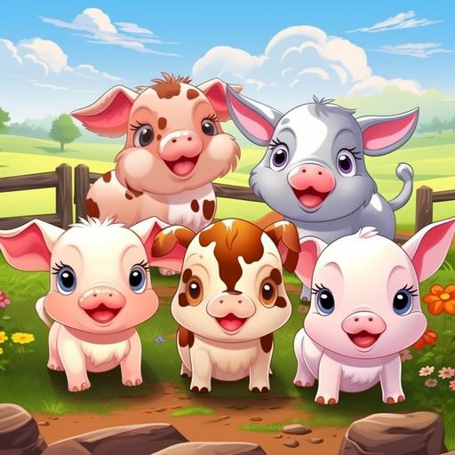 cute farm animals in 4k, cover book for kids title: Farm animals coloring book