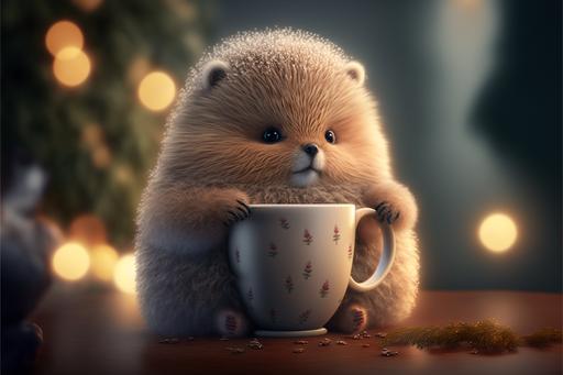 cute fluffy animal holding a cup of hot steaming cocoa, standing by a beautiful christmastree, 8k, --ar 3:2 --v 4