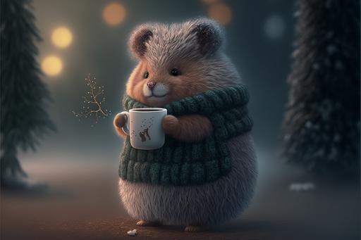 cute fluffy animal holding a cup of hot steaming cocoa, standing by a beautiful christmastree, 8k, --ar 3:2 --v 4