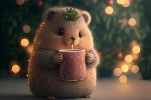 cute fluffy animal holding a cup of hot steaming cocoa, standing by a beautiful christmastree, 8k, --ar 3:2 --v 4