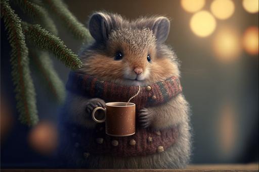 cute fluffy animal holding a cup of hot steaming cocoa, standing by a beautiful christmastree, 8k, --ar 3:2 --v 4