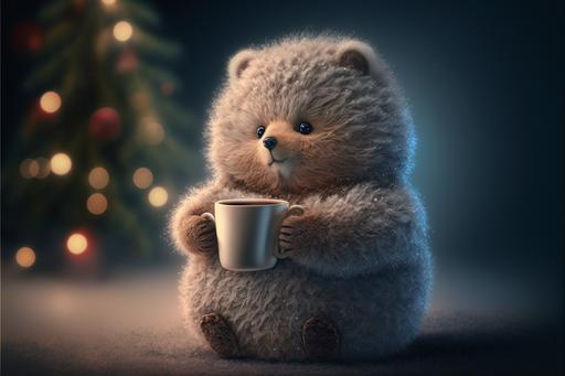 cute fluffy animal holding a cup of hot steaming cocoa, standing by a beautiful christmastree, 8k, --ar 3:2 --v 4