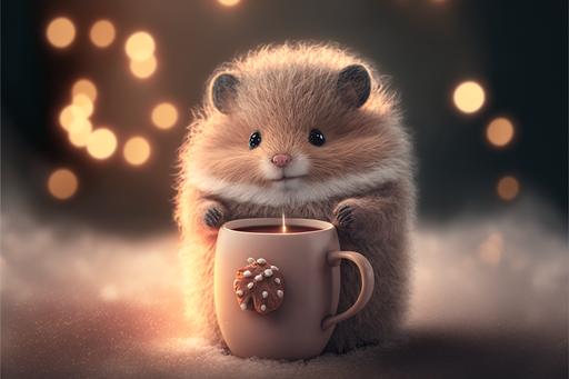 cute fluffy animal holding a cup of hot steaming cocoa, standing by a beautiful christmastree, 8k, --ar 3:2 --v 4