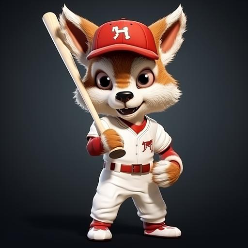 cute fluffy coyote mascot with baseball bat, high detail, realistic, red and white colors