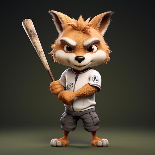 cute fluffy coyote mascot with baseball bat, high detail, realistic