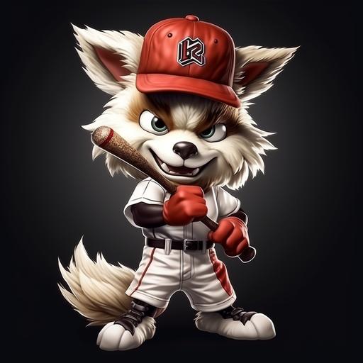 cute fluffy coyote mascot with baseball bat, high detail, realistic, red and white colors