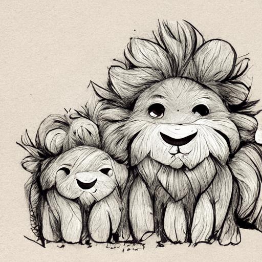 cute fluffy lion family doodle, doodle art, line art