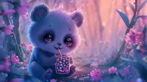 cute friendly animal drinking boba tea, big light iris, chibbi, very detailed background --ar 16:9 --v 6.0