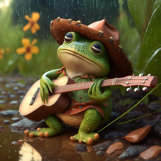 cute frog with cowboy outfit playing the guitar, hat, grass, rain, full body, jungle, by Pixar, extremly realistic, 8K --v 4 --q 2