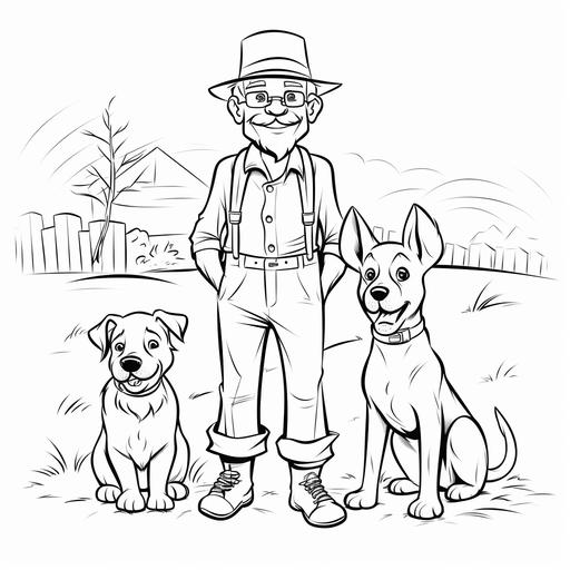 cute full body happy old man on a farm, surrounded by french bull dog great dane border collie Chihuahua, big cute eyes, pixar style, simple outline and shapes, coloring page black and white comic book flat vector, white background