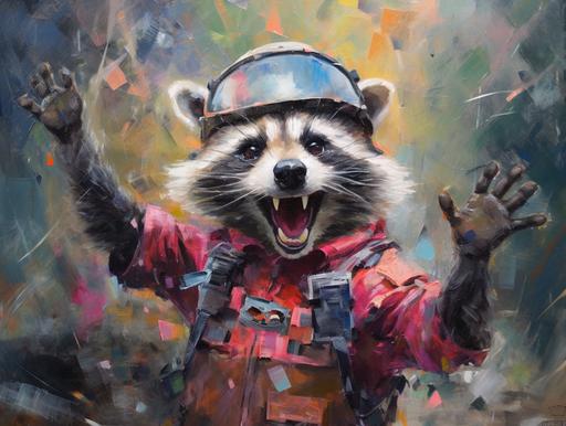 cute, funny painted raccoon, clothed in military uniform, open paws, wearing a funny helmet, diving in trash, crazy smile, proud, trash floating around him, 