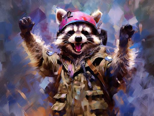 cute, funny painted raccoon, clothed in military uniform, showing thumbs up, wearing an army helmet, dancing, crazy smile, proud, trash floating around him, 