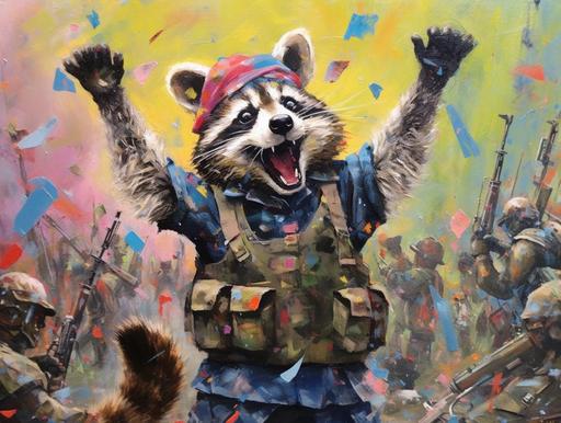 cute, funny painted raccoon, clothed in military uniform, showing shaka signs, wearing an army helmet, dancing, crazy smile, proud, trash floating around him, 