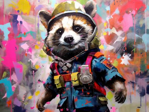 cute, funny painted raccoon, clothed in military uniform, wearing a space helmet, dancing, crazy smile, proud, trash floating around him, 