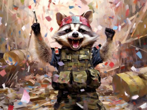 cute, funny painted raccoon, clothed in military uniform, wearing an army helmet, dancing, crazy smile, proud, trash floating around him, 