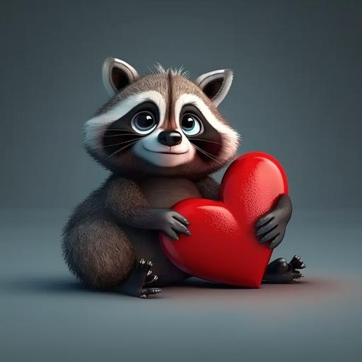 cute funny raccoon lies next to a red heart realistic; 4k --s 250