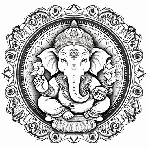 cute ganesha, line art, cartoon style, in the centre surrounded by a circular mandala, top view